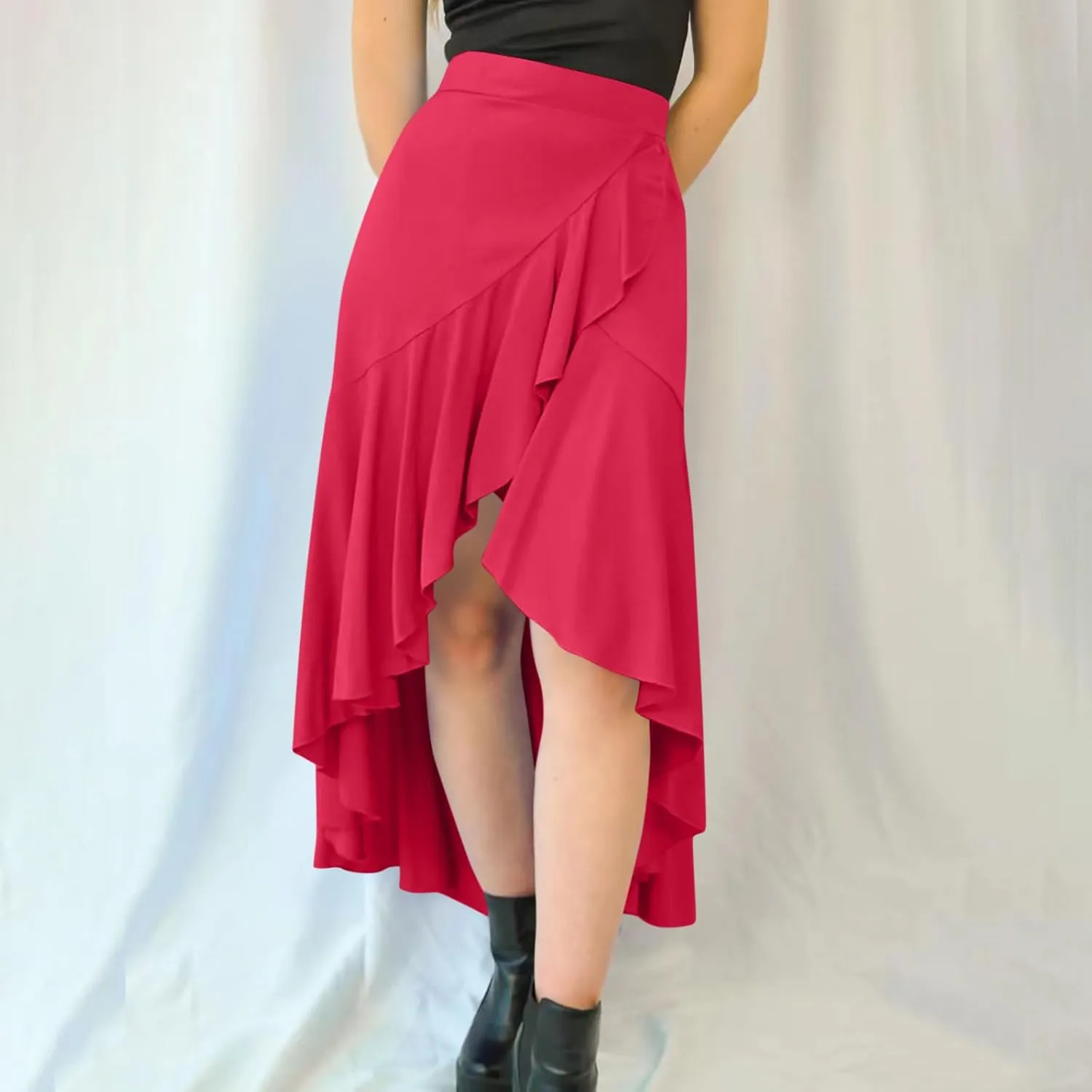 JOAU High Waist Wrap Irregular Flowy Ruffle Skirts for Women Trendy Summer High Low Slit Front A-line Midi Skirt