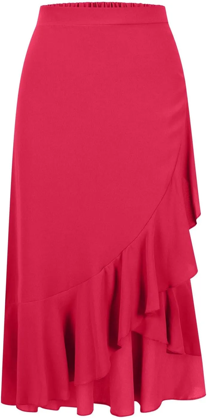 JOAU High Waist Wrap Irregular Flowy Ruffle Skirts for Women Trendy Summer High Low Slit Front A-line Midi Skirt