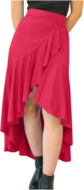 JOAU High Waist Wrap Irregular Flowy Ruffle Skirts for Women Trendy Summer High Low Slit Front A-line Midi Skirt