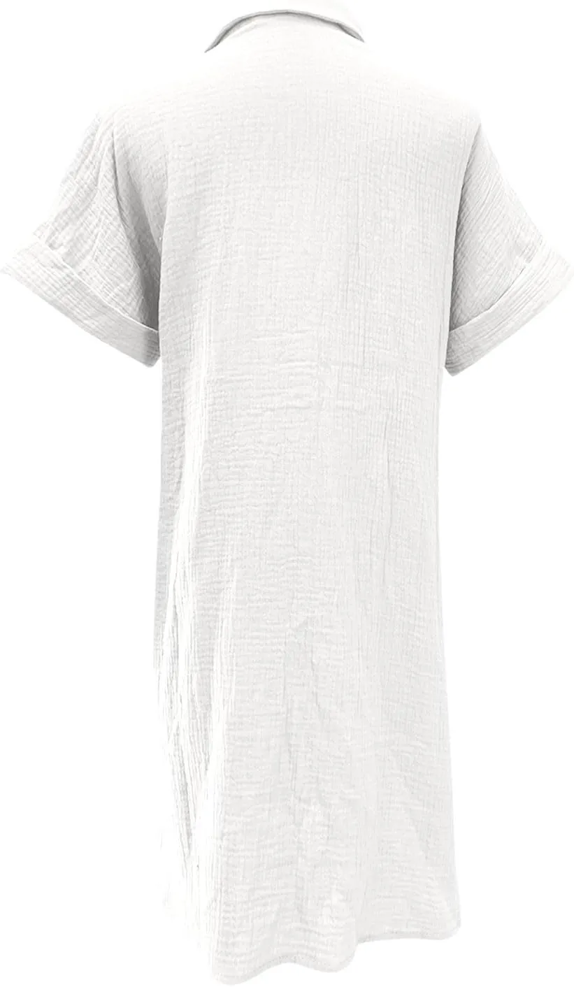 JOAU Womens Summer Length Knee Shirt Dress Casual Rolled Short Sleeve Lapel Collar Button Down Loose Dresses with Pockets