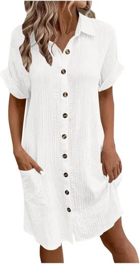 JOAU Womens Summer Length Knee Shirt Dress Casual Rolled Short Sleeve Lapel Collar Button Down Loose Dresses with Pockets