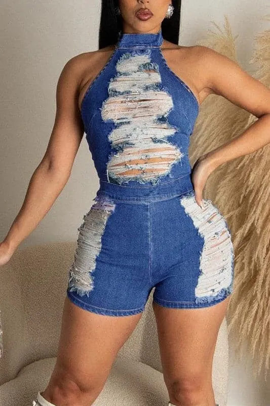 JZ392 Ripped Denim Rompers
