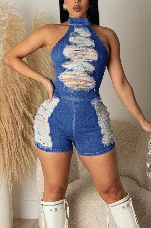 JZ392 Ripped Denim Rompers