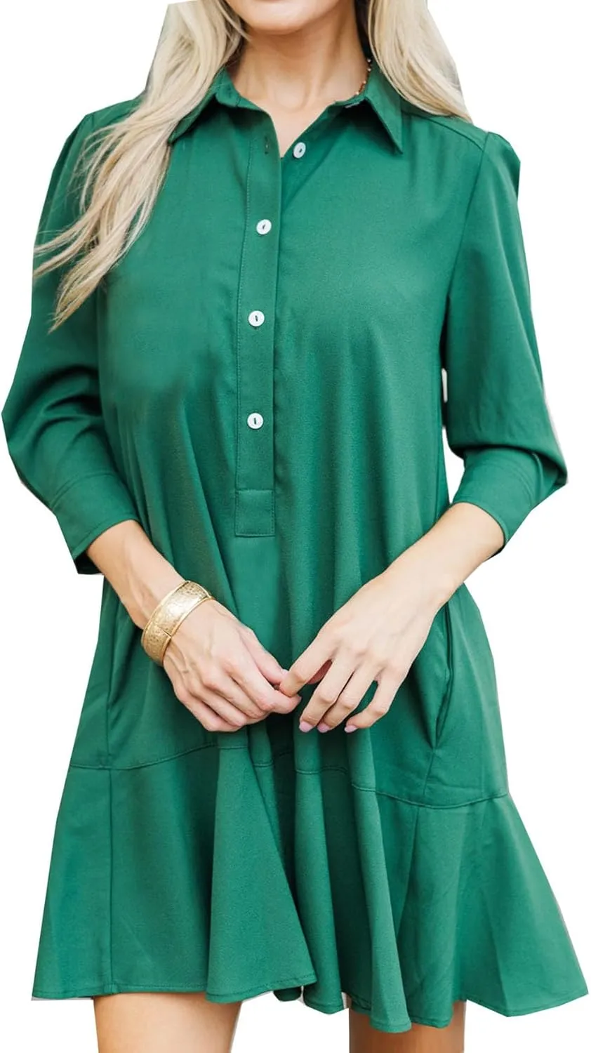 Kedera Womens Tunic Shirt Mini Dress Long Sleeves Short Dress Button Up Ruffle Hem Shift Dresses with Pockets