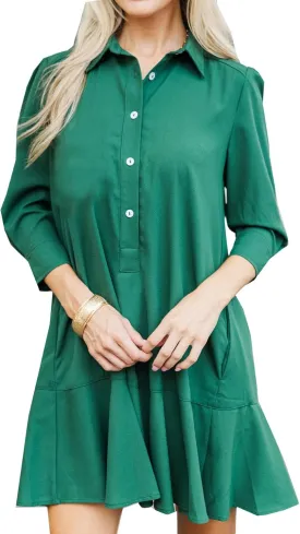 Kedera Womens Tunic Shirt Mini Dress Long Sleeves Short Dress Button Up Ruffle Hem Shift Dresses with Pockets