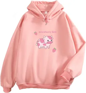 KEEVICI Pullover Sweatshirts for Women Cute Strawberry Cow Print Hoodie Casual Fuzzy Top