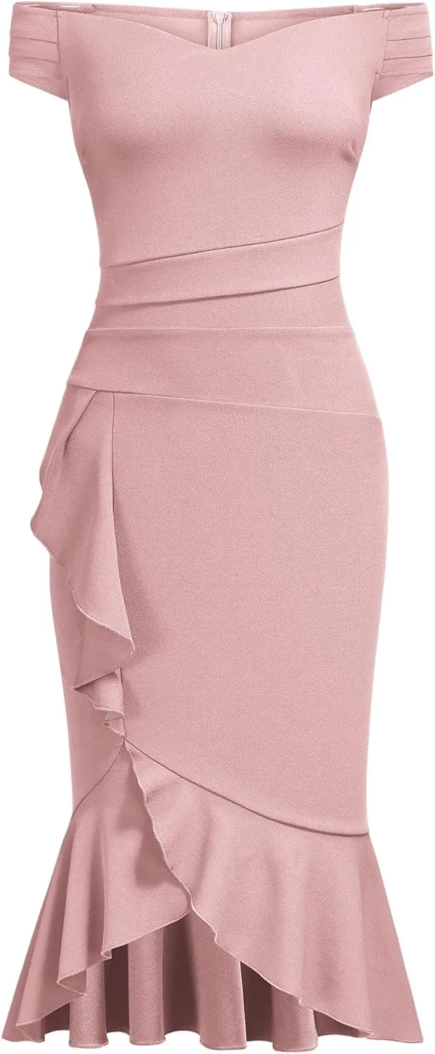 Knitee Women's Off Shoulder V-Neck Ruffle Pleat Waist Bodycon Evening Cocktail Slit Formal Dress