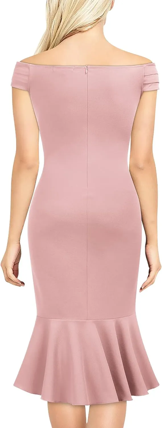 Knitee Women's Off Shoulder V-Neck Ruffle Pleat Waist Bodycon Evening Cocktail Slit Formal Dress