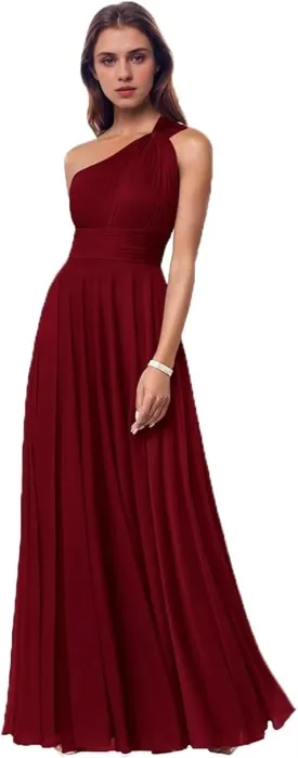 Kyeuan One Shoulder Bridesmaid Dresses with Pockets Chiffon Long Pleated Formal Evening Dresses for Women Elegant