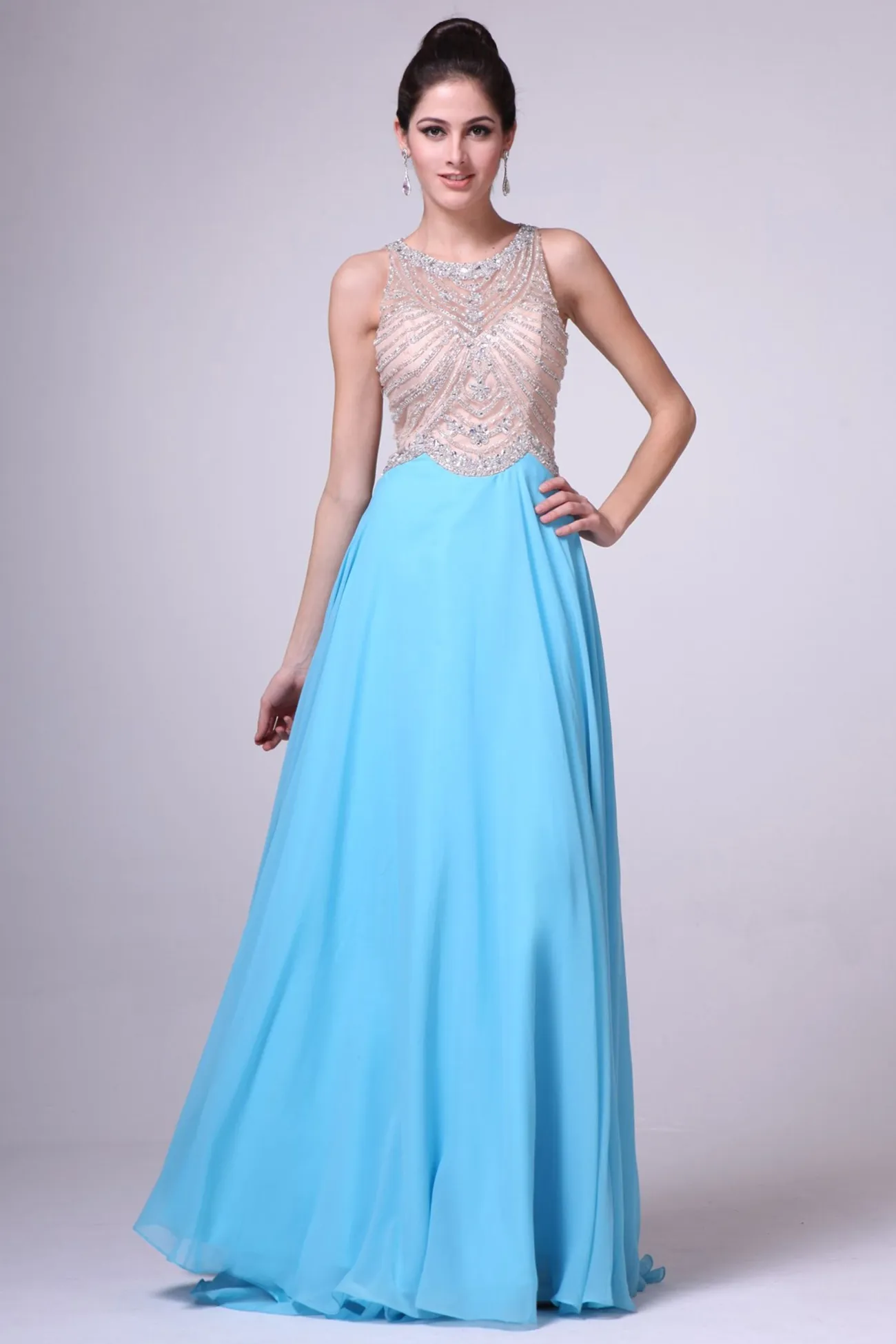 Long A-Line Skirt with Illusion Jewel Neckline
