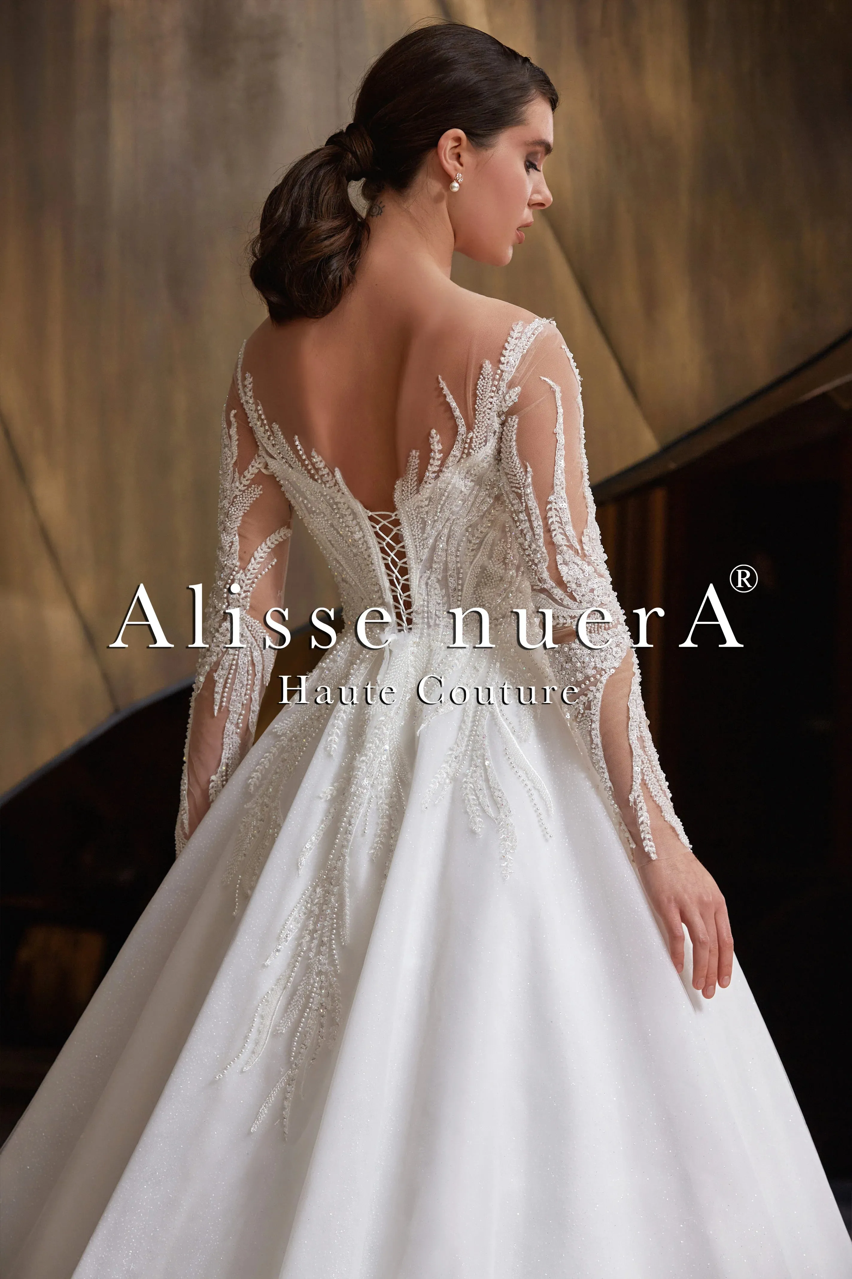 Long Sleeve Illusion Beaded Leaves A Line Snow White Bridal Gown