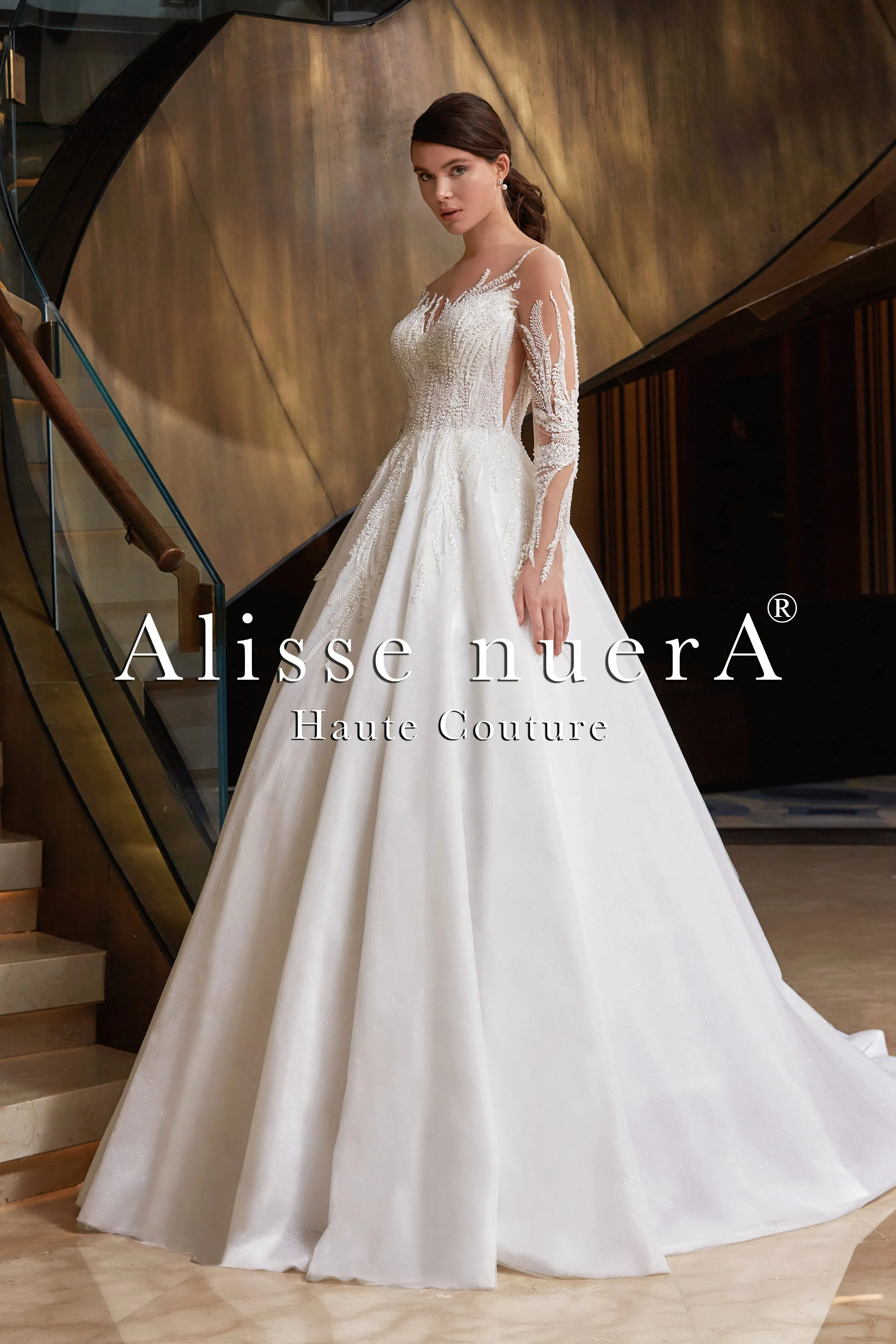 Long Sleeve Illusion Beaded Leaves A Line Snow White Bridal Gown