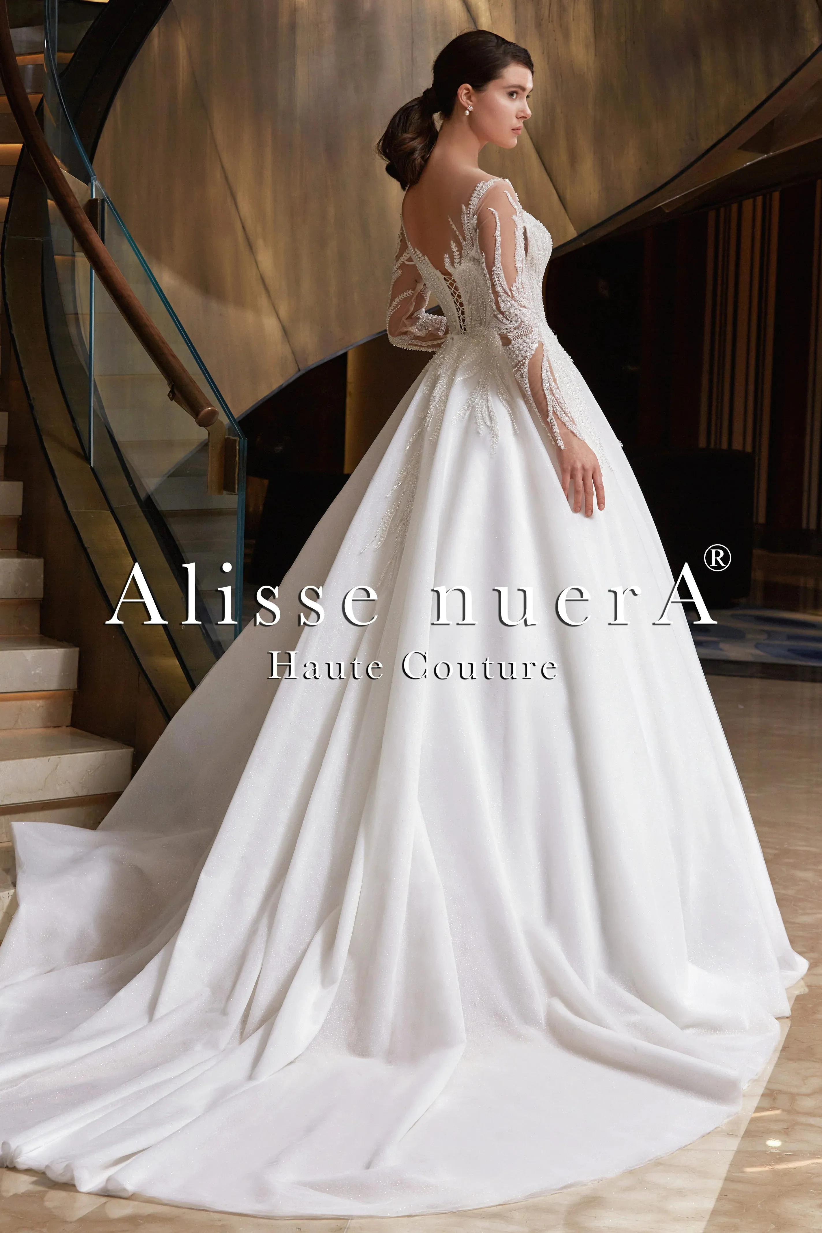 Long Sleeve Illusion Beaded Leaves A Line Snow White Bridal Gown