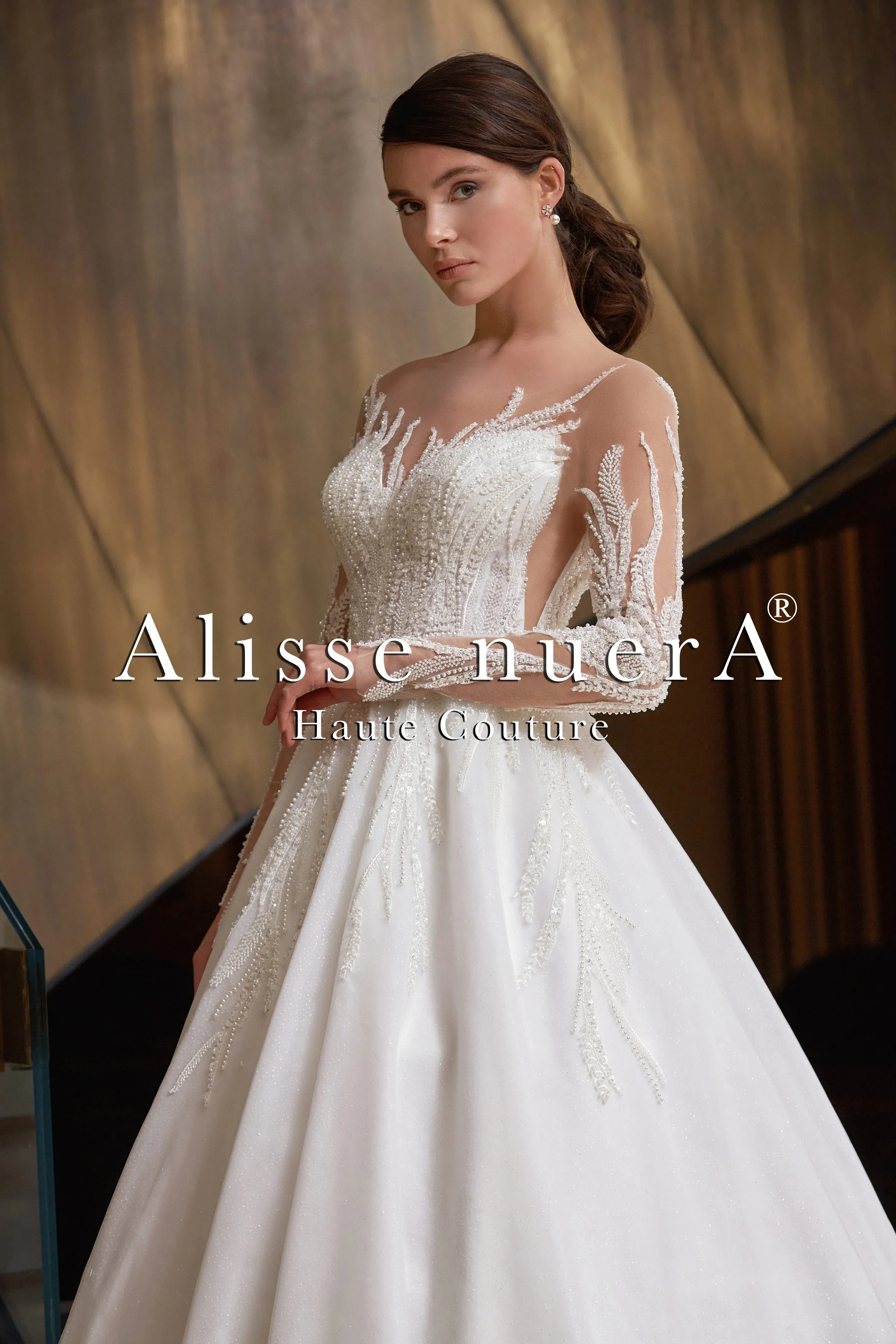 Long Sleeve Illusion Beaded Leaves A Line Snow White Bridal Gown