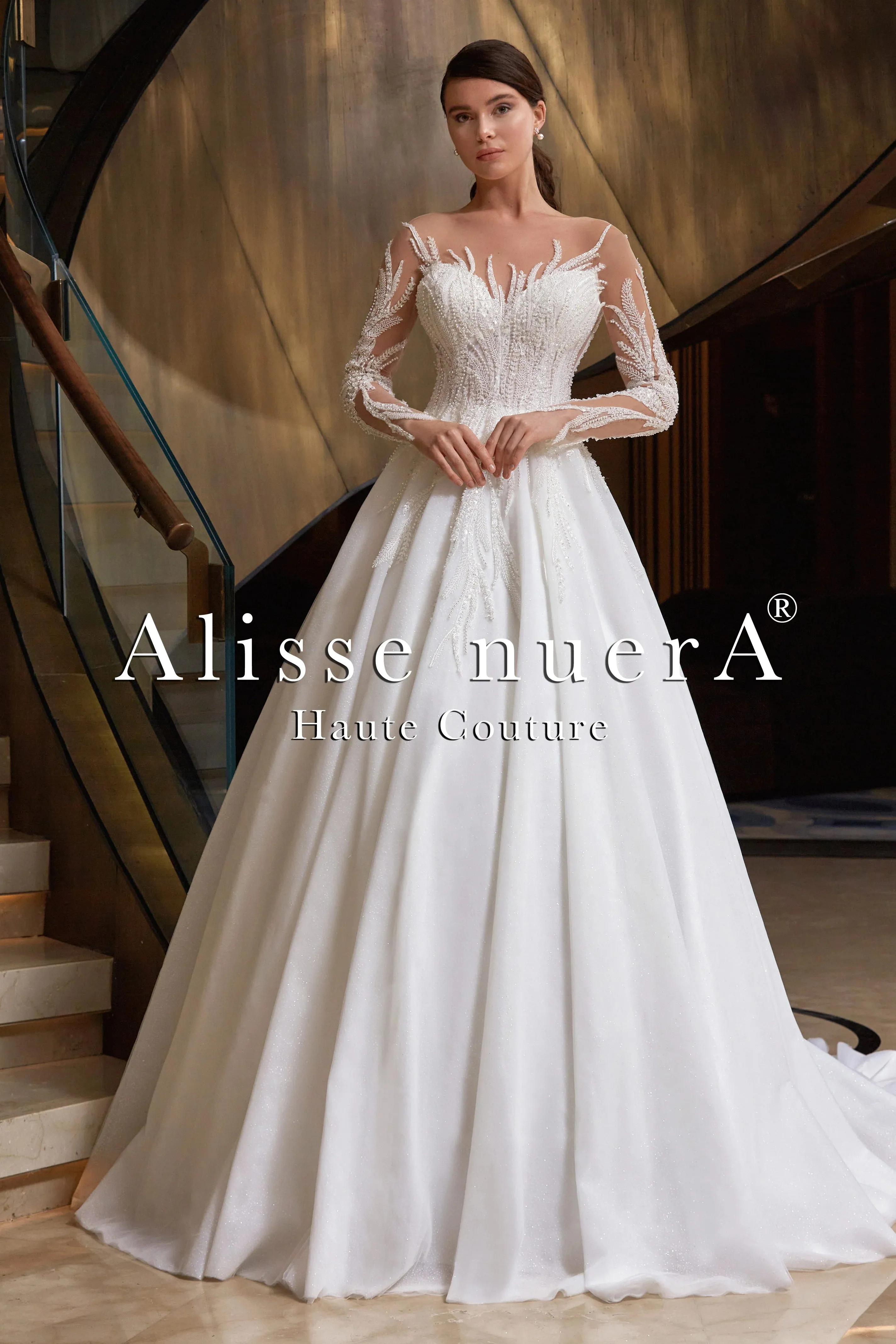 Long Sleeve Illusion Beaded Leaves A Line Snow White Bridal Gown