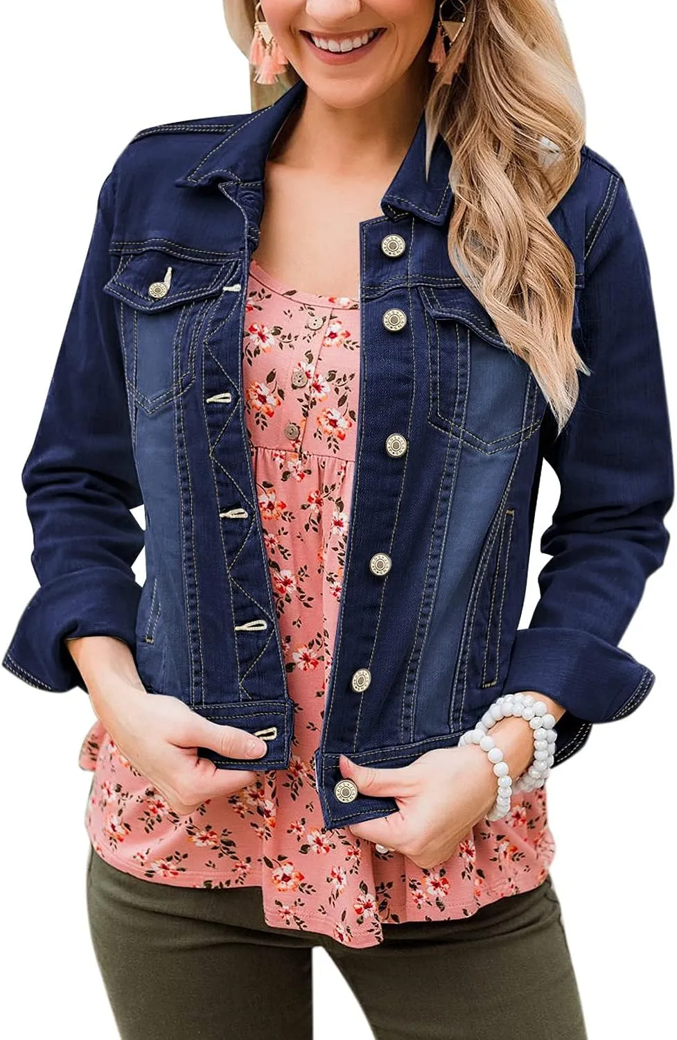 LookbookStore Women's Basic Long Sleeves Button Down Fitted Denim Jean Jackets