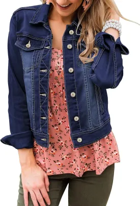 LookbookStore Women's Basic Long Sleeves Button Down Fitted Denim Jean Jackets
