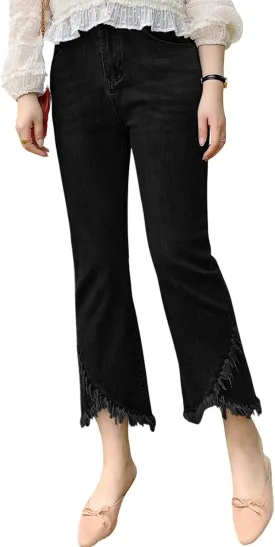 loveimgs Women Western Ripped Cropped Jeans Capris Denim Distressed Pants Stretch Crop Fringe Flare Jeans