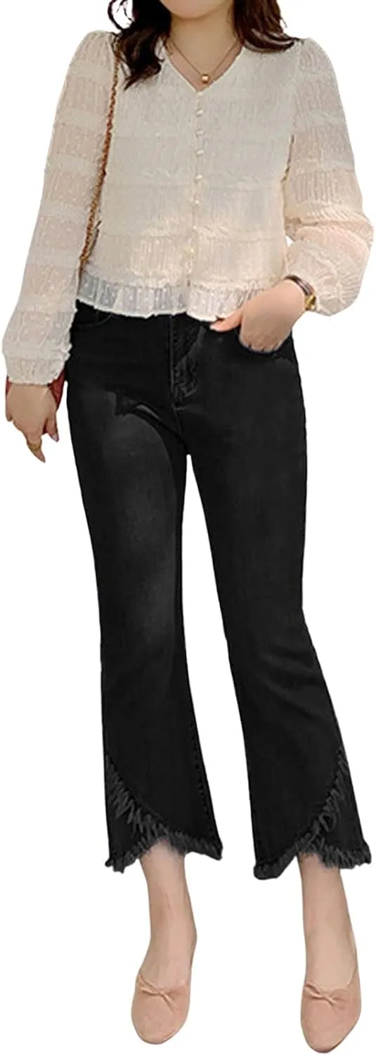 loveimgs Women Western Ripped Cropped Jeans Capris Denim Distressed Pants Stretch Crop Fringe Flare Jeans