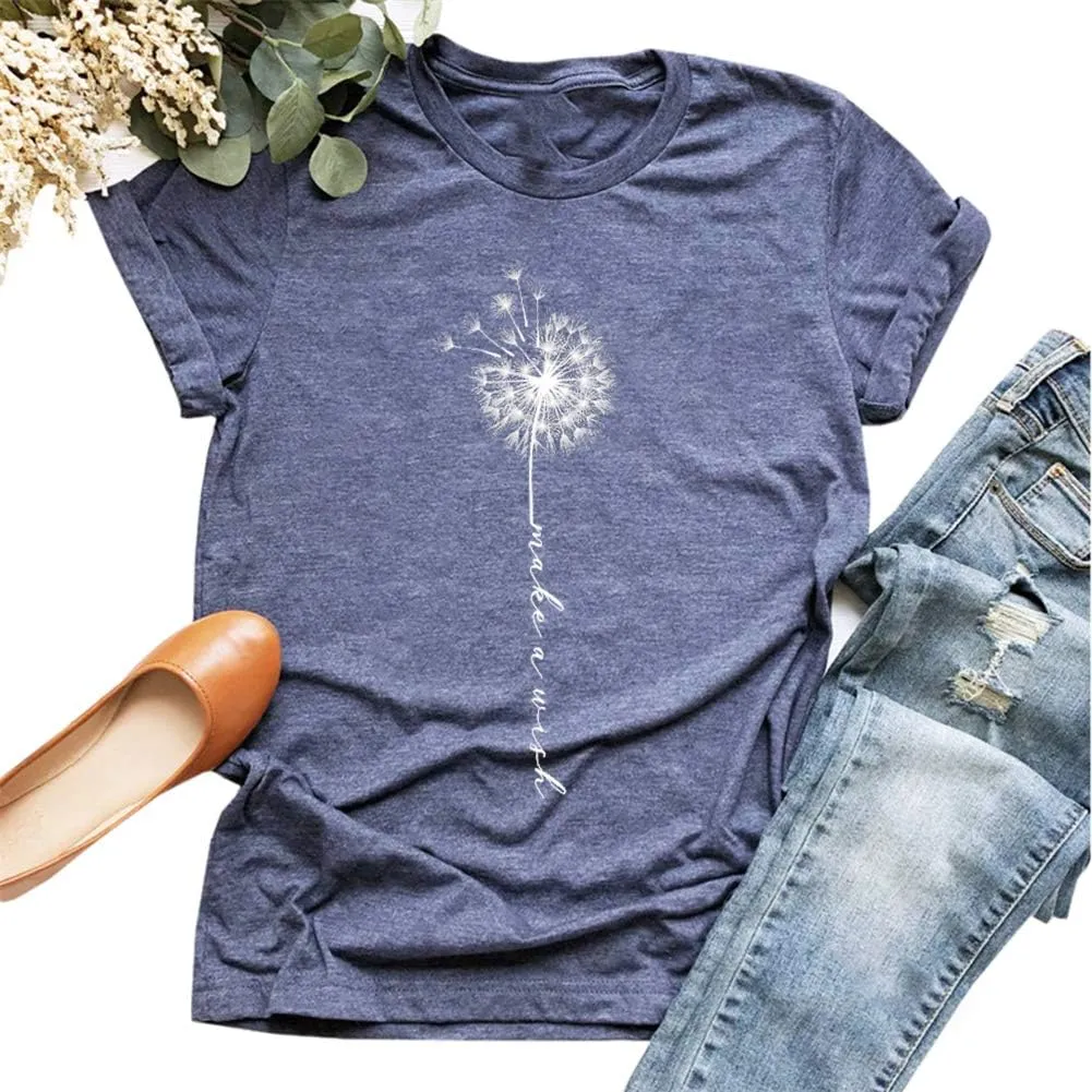MaQiYa Womens Cute Make A Wish Dandelion Printed Tee Shirts Summer Cotton Vintage Graphic Tees Tops