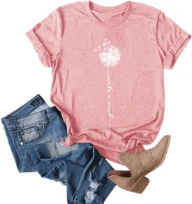 MaQiYa Womens Cute Make A Wish Dandelion Printed Tee Shirts Summer Cotton Vintage Graphic Tees Tops
