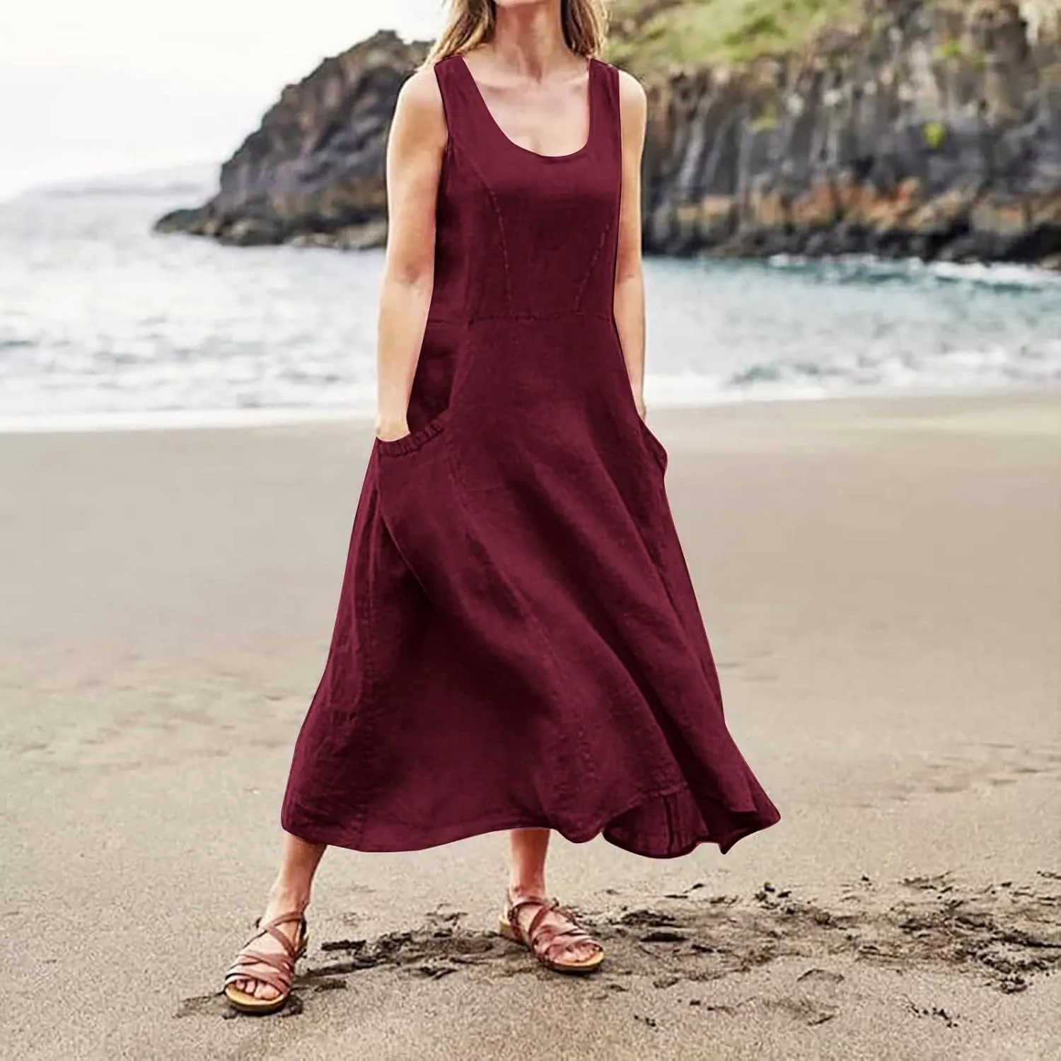 Maxi Dress for Women,2023 Spring Summer Cotton Linen Boho Casual Fashion Sleeveless Dress for Holiday