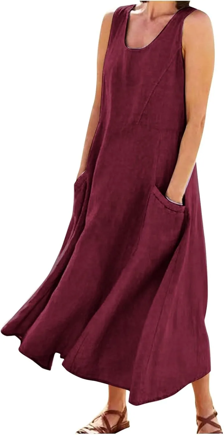 Maxi Dress for Women,2023 Spring Summer Cotton Linen Boho Casual Fashion Sleeveless Dress for Holiday