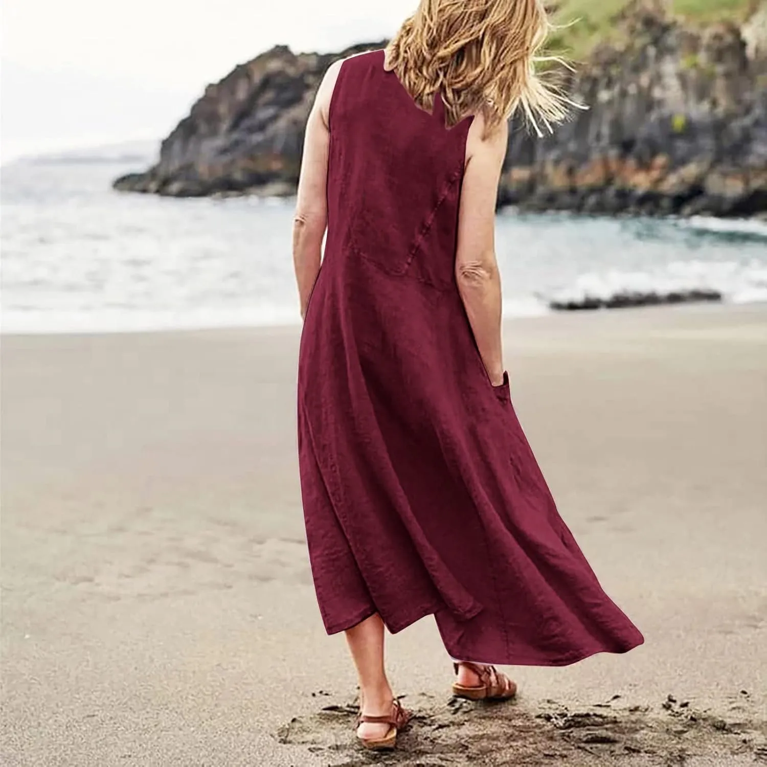 Maxi Dress for Women,2023 Spring Summer Cotton Linen Boho Casual Fashion Sleeveless Dress for Holiday