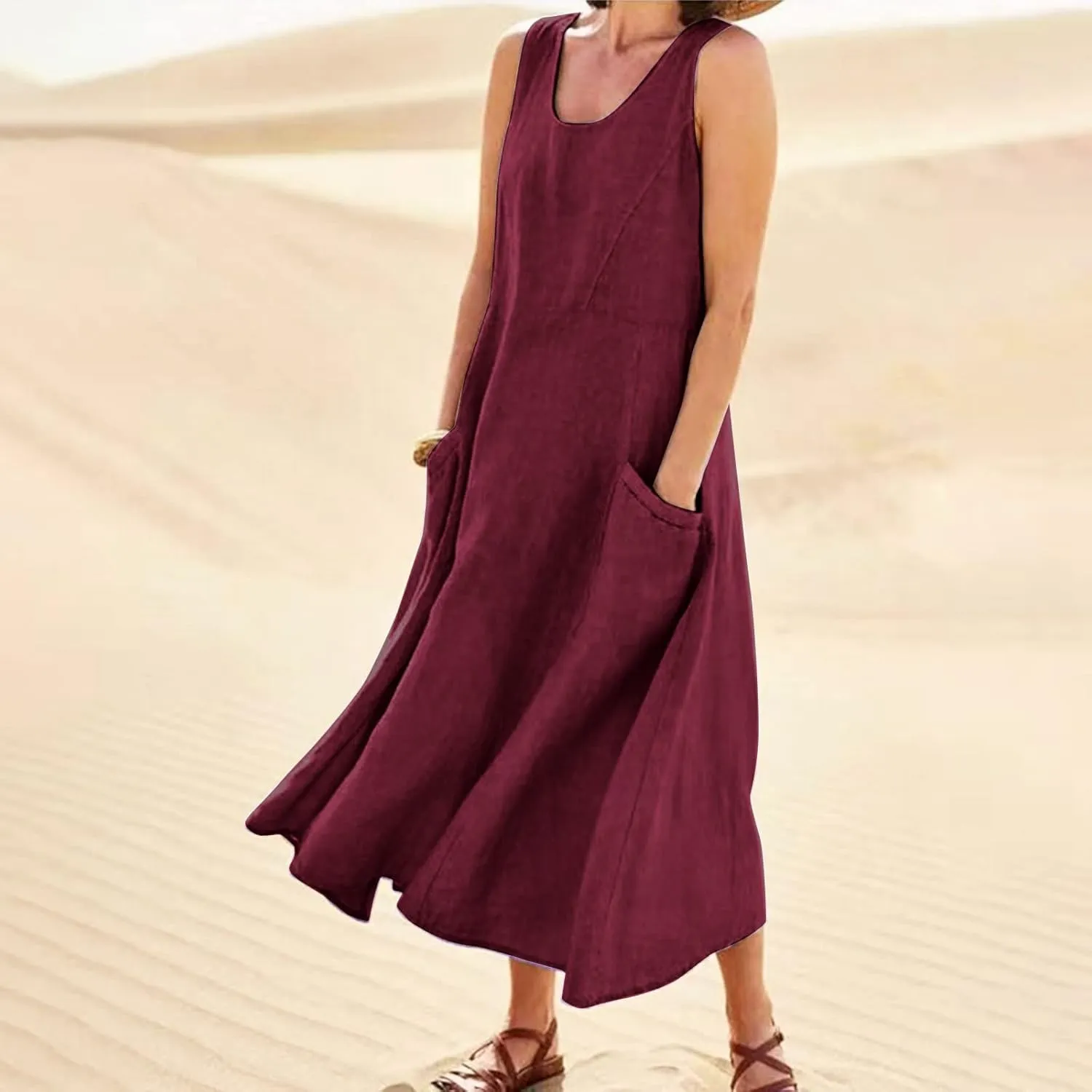 Maxi Dress for Women,2023 Spring Summer Cotton Linen Boho Casual Fashion Sleeveless Dress for Holiday