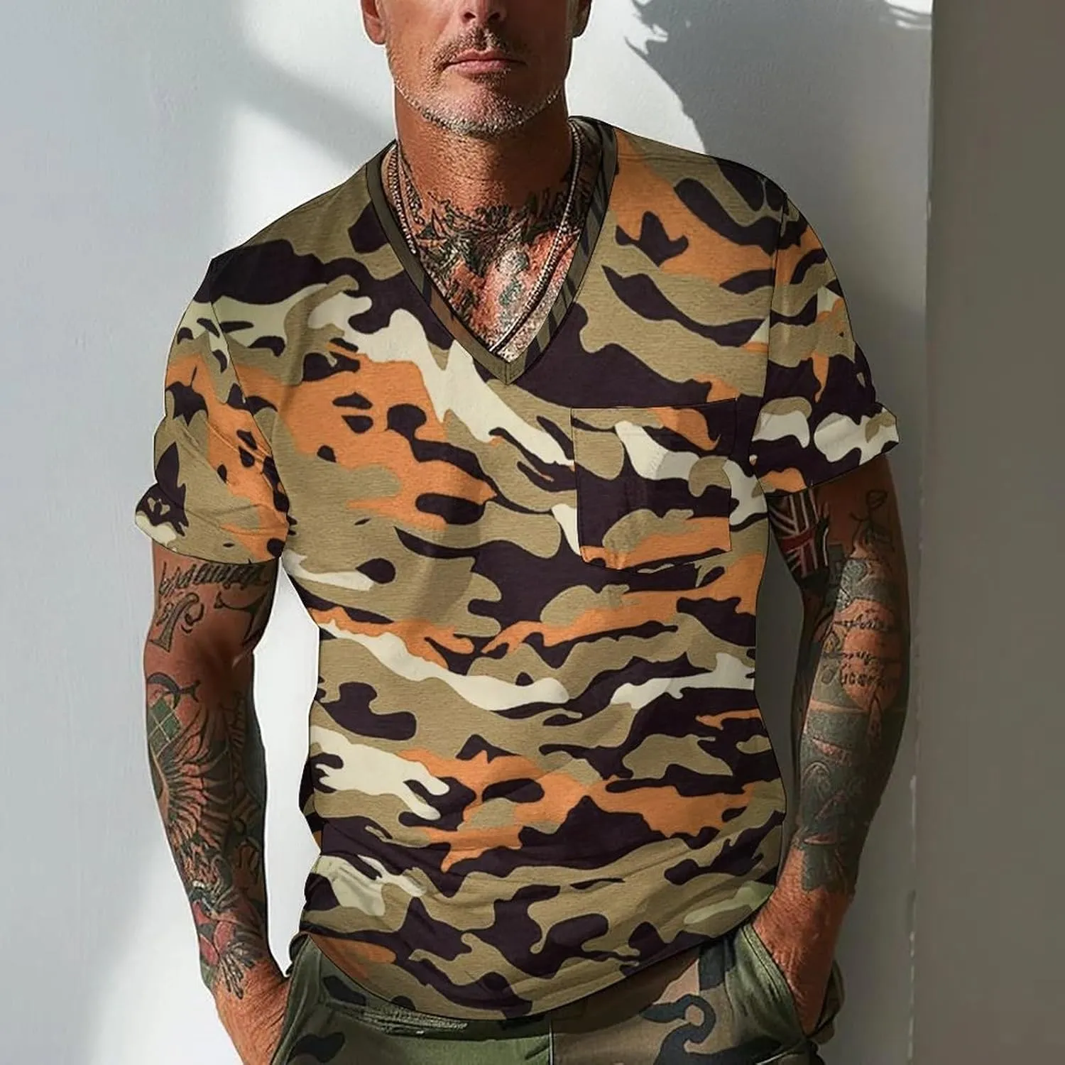 Mens Outdoor Fishing Tshirts V Neck Camouflage Hiking Army Training T-Shirts Short Sleeve Camping Hunting Active Tops