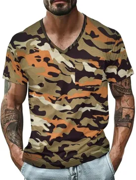 Mens Outdoor Fishing Tshirts V Neck Camouflage Hiking Army Training T-Shirts Short Sleeve Camping Hunting Active Tops
