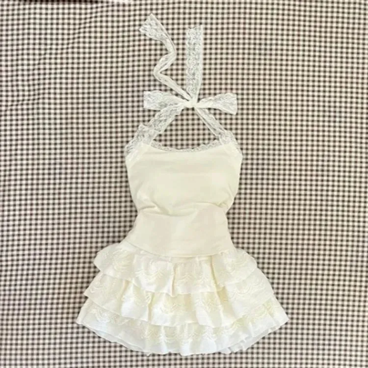 MQTIME  -  Fashion Sexy Lace Bow Slim Fit Camisole Vest Tops Women  Y2k E-Girl High Waist Cake Skirts  Summer New Two Piece Sets