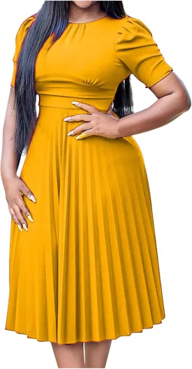 Oplxuo Women's Pleated Midi Dresses Puff Sleeve Crew Neck Solid Color A-Line Swing Formal Dress Fall Wedding Guest Dress