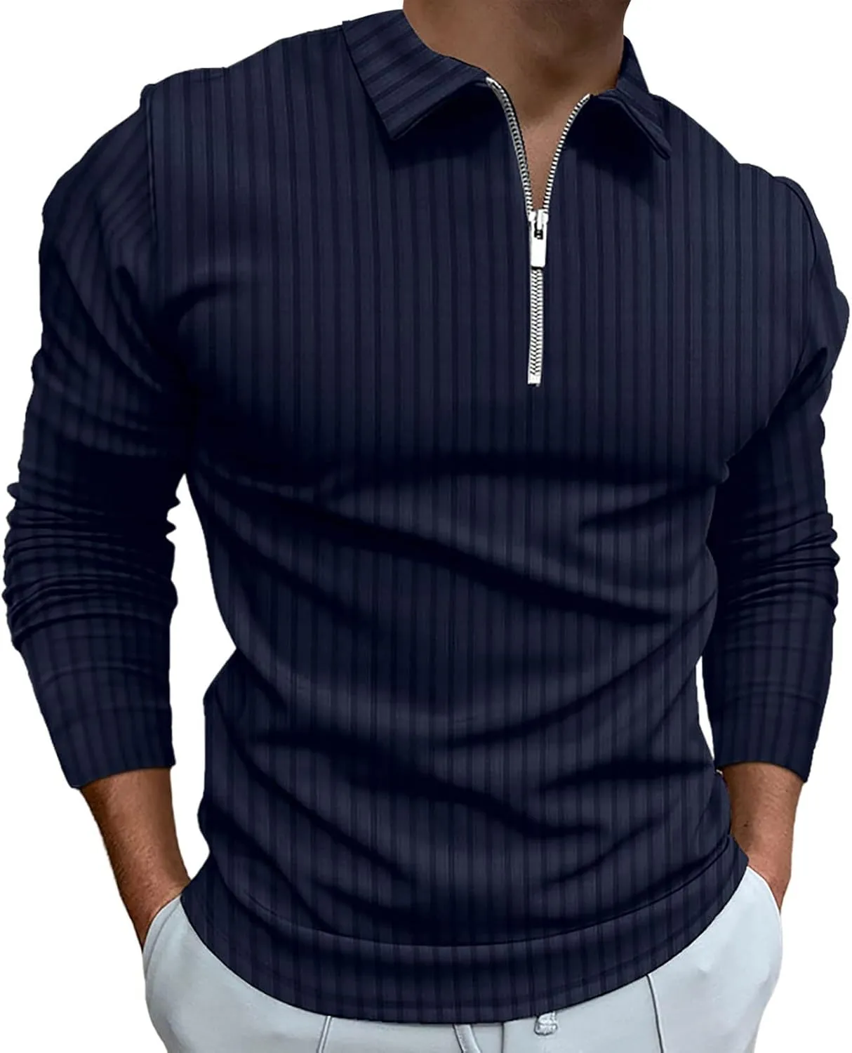 Polo Shirts for Men Golf Shirts Long Sleeve Zip Up Lapel Business Smart Casual Tops Henley V Neck Rugby