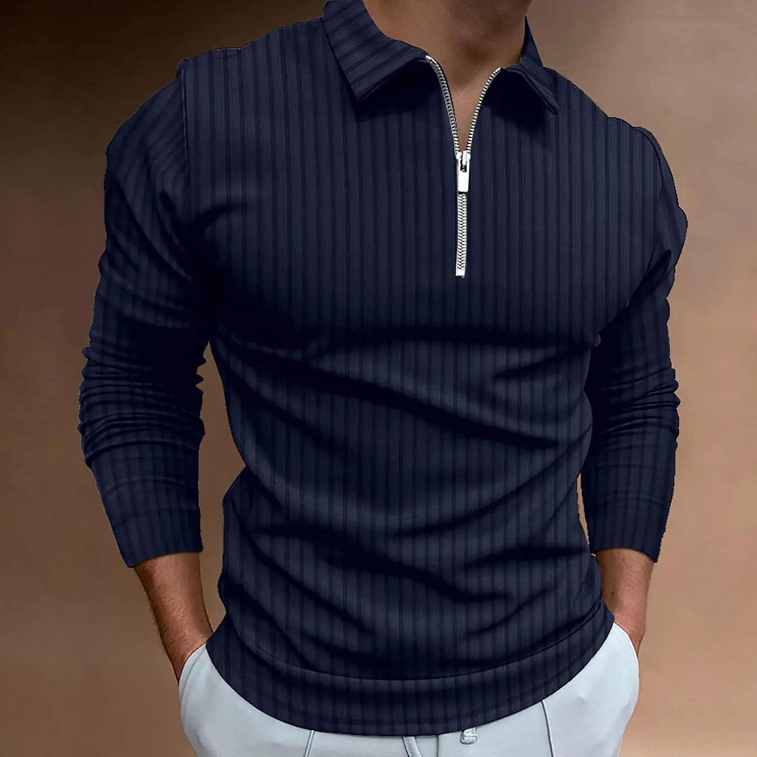 Polo Shirts for Men Golf Shirts Long Sleeve Zip Up Lapel Business Smart Casual Tops Henley V Neck Rugby
