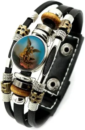 Saint Michael the Archangel Braided Rope Bracelet - Adjustable Multi layer Leather Cords Beaded Bracelet for Men and Women
