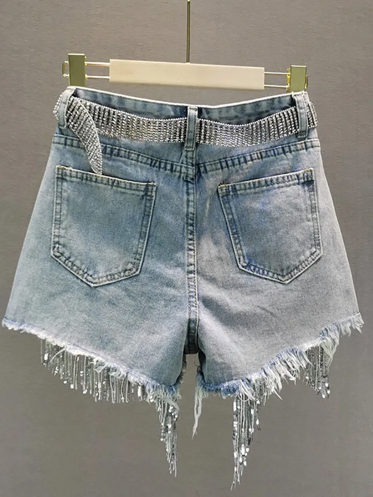 Sequin Tassel Pearl Denim Shorts