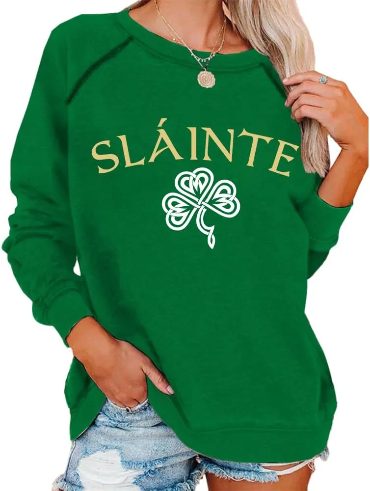 Sharock Long Sleeve Shirts for Women Sharock Sweater Women's Slainte St. Patrick's Day Print Sweatshirt Irish