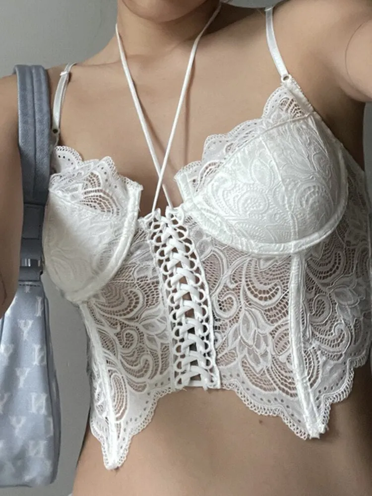 Spaghetti Strap White See-Through Lace Top