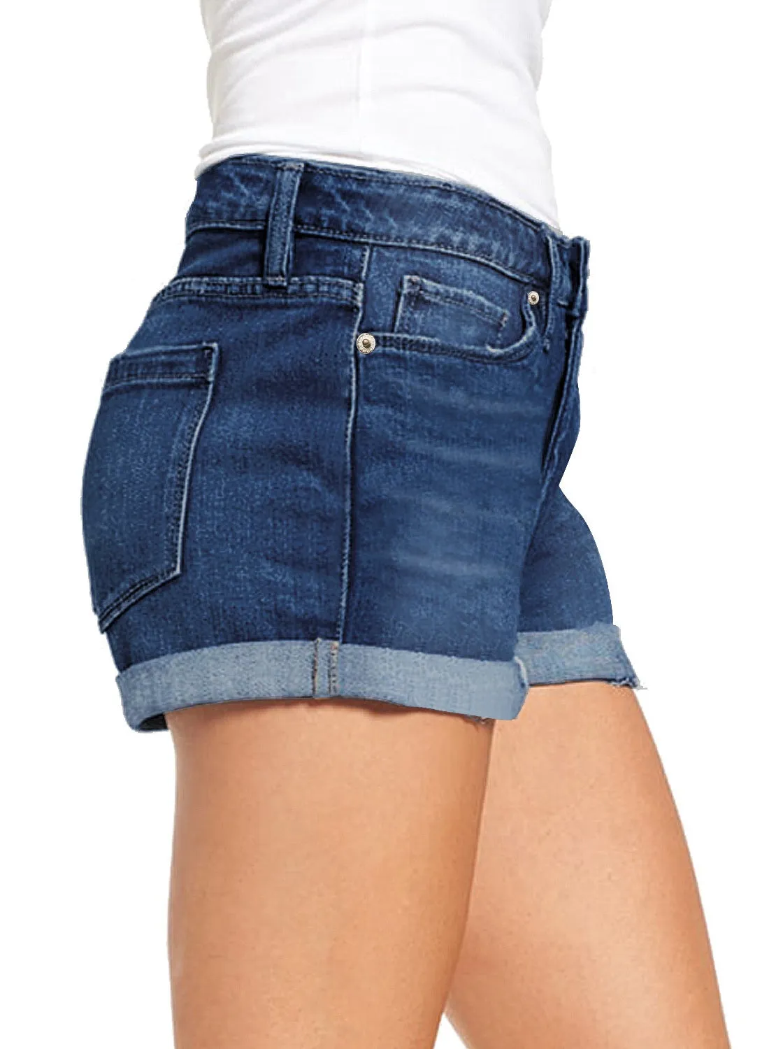 Star Sapphire Blue Women's High Waisted Rolled Hem Distressed Jeans Ripped Denim Shorts