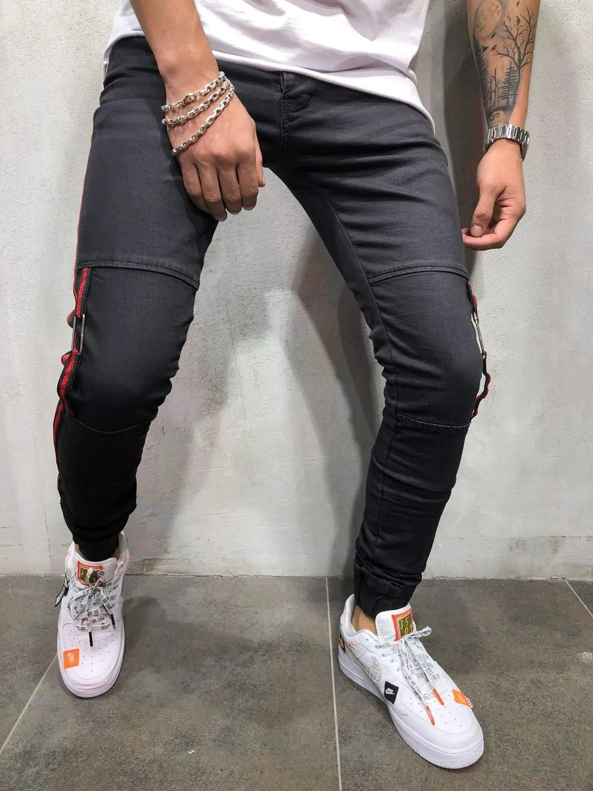 Striped Jogger Jeans Elastic Ankle Ring - Black
