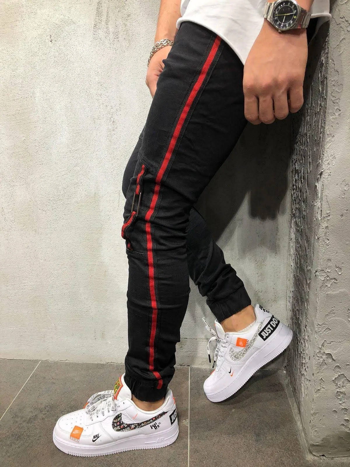 Striped Jogger Jeans Elastic Ankle Ring - Black