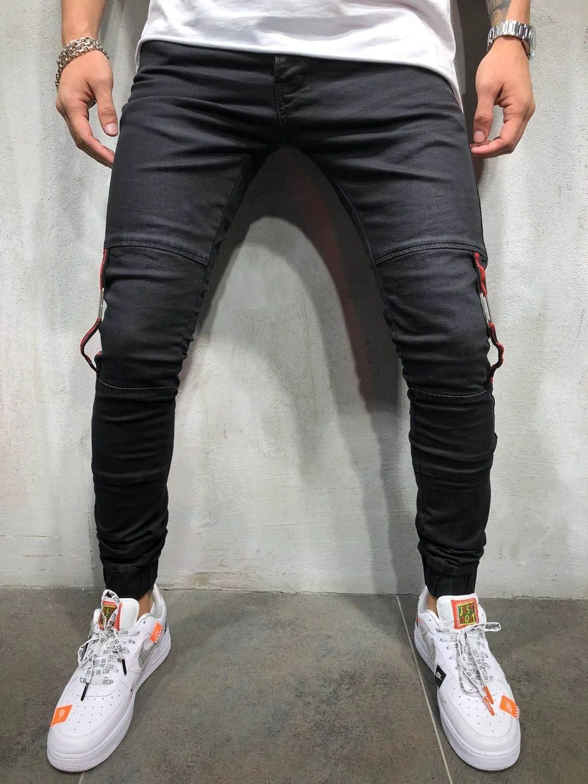 Striped Jogger Jeans Elastic Ankle Ring - Black