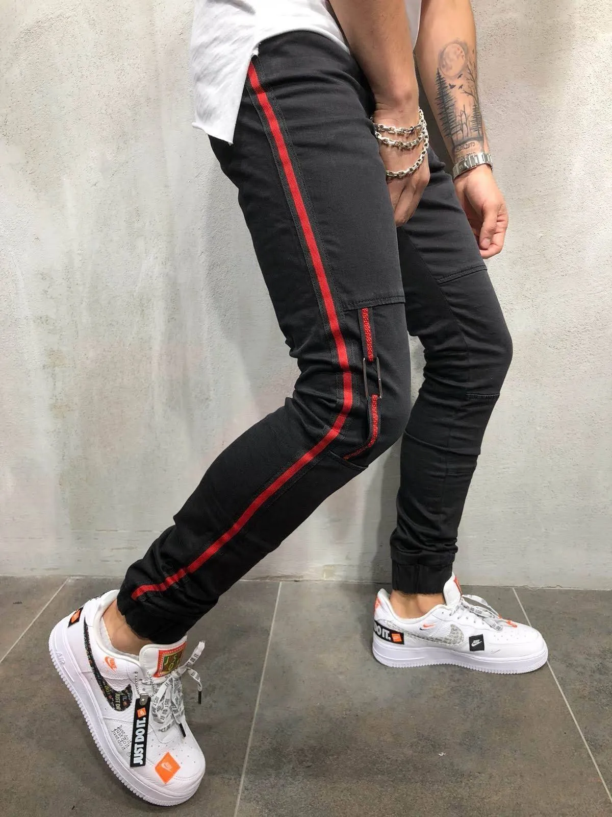 Striped Jogger Jeans Elastic Ankle Ring - Black