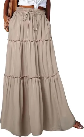 Summer Maxi Skirts for Women Casual Drawstring High Waisted Floral Print Boho Skirt Fashion Tiered Ruffle Hem Skirts