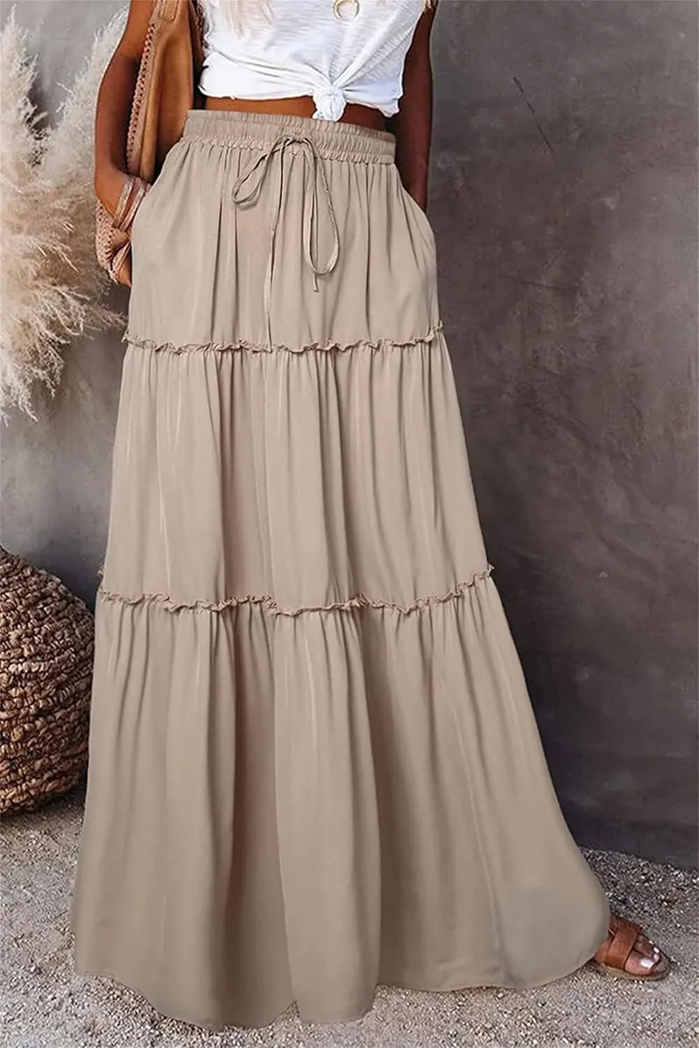Summer Maxi Skirts for Women Casual Drawstring High Waisted Floral Print Boho Skirt Fashion Tiered Ruffle Hem Skirts