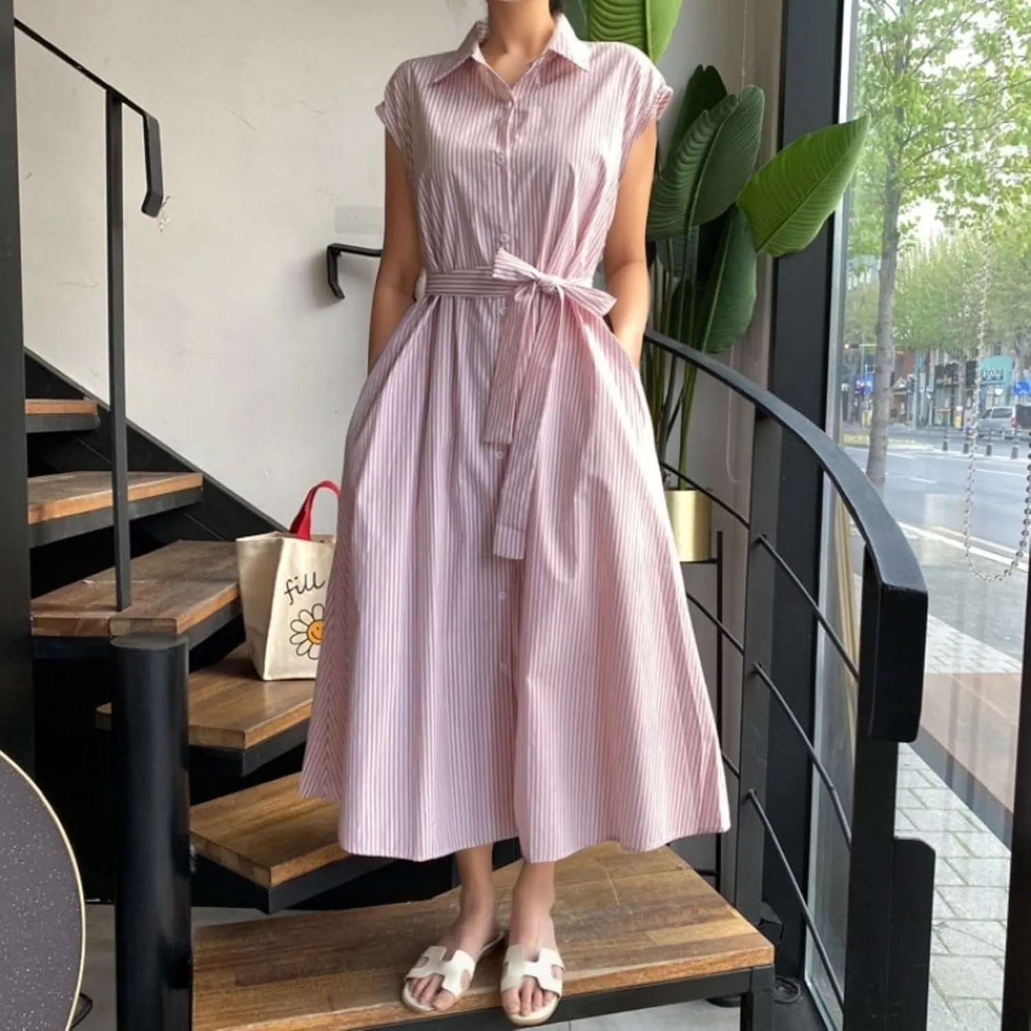 T Shirt Dress for Women with Waist Tie Casual Loose Fit Beach Cover Ups Striped Beach Short Sleeve Sundress with Pocket