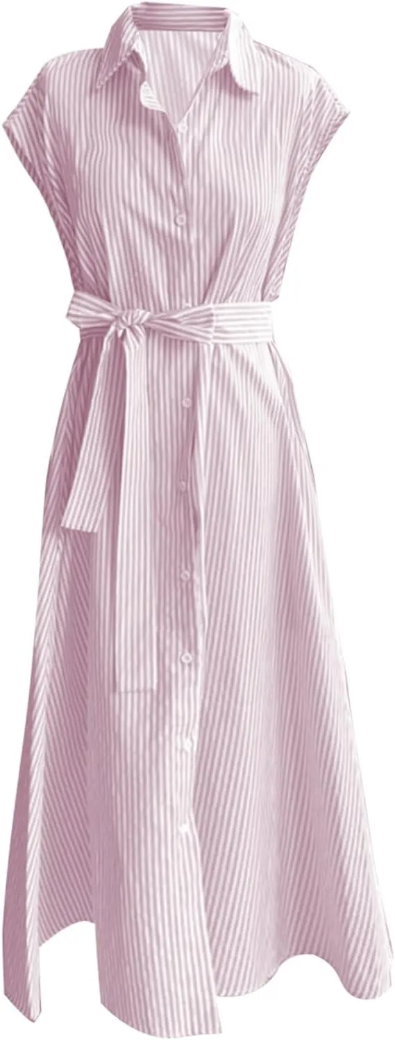 T Shirt Dress for Women with Waist Tie Casual Loose Fit Beach Cover Ups Striped Beach Short Sleeve Sundress with Pocket