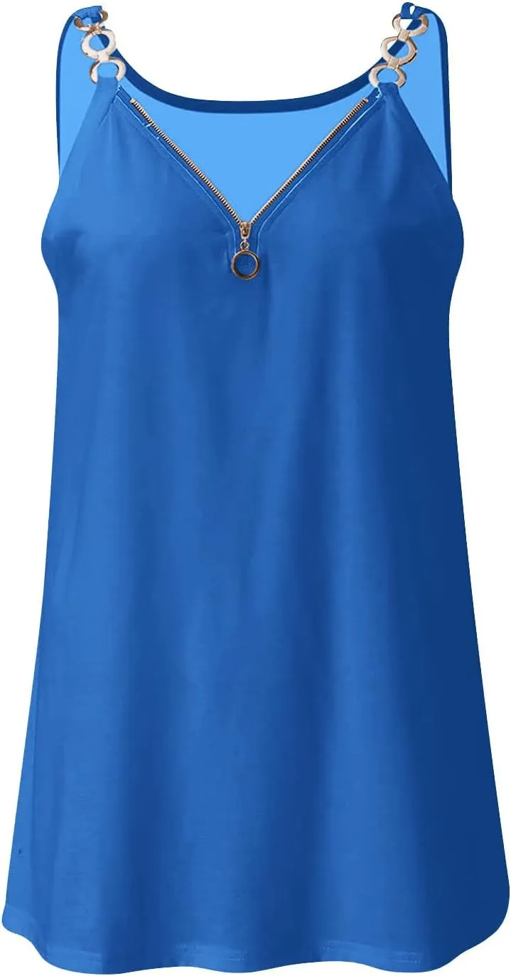Tank Top for Women Half Zip V Neck Metal Spaghetti Strap Sleeveless Shirts Loose Fit Fashion Camisole Summer Outfits