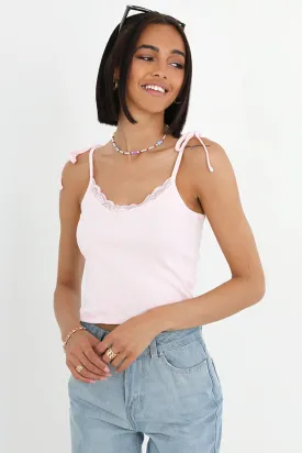 TIE STRAP DETAIL LACE TRIM RIBBED VEST TOP